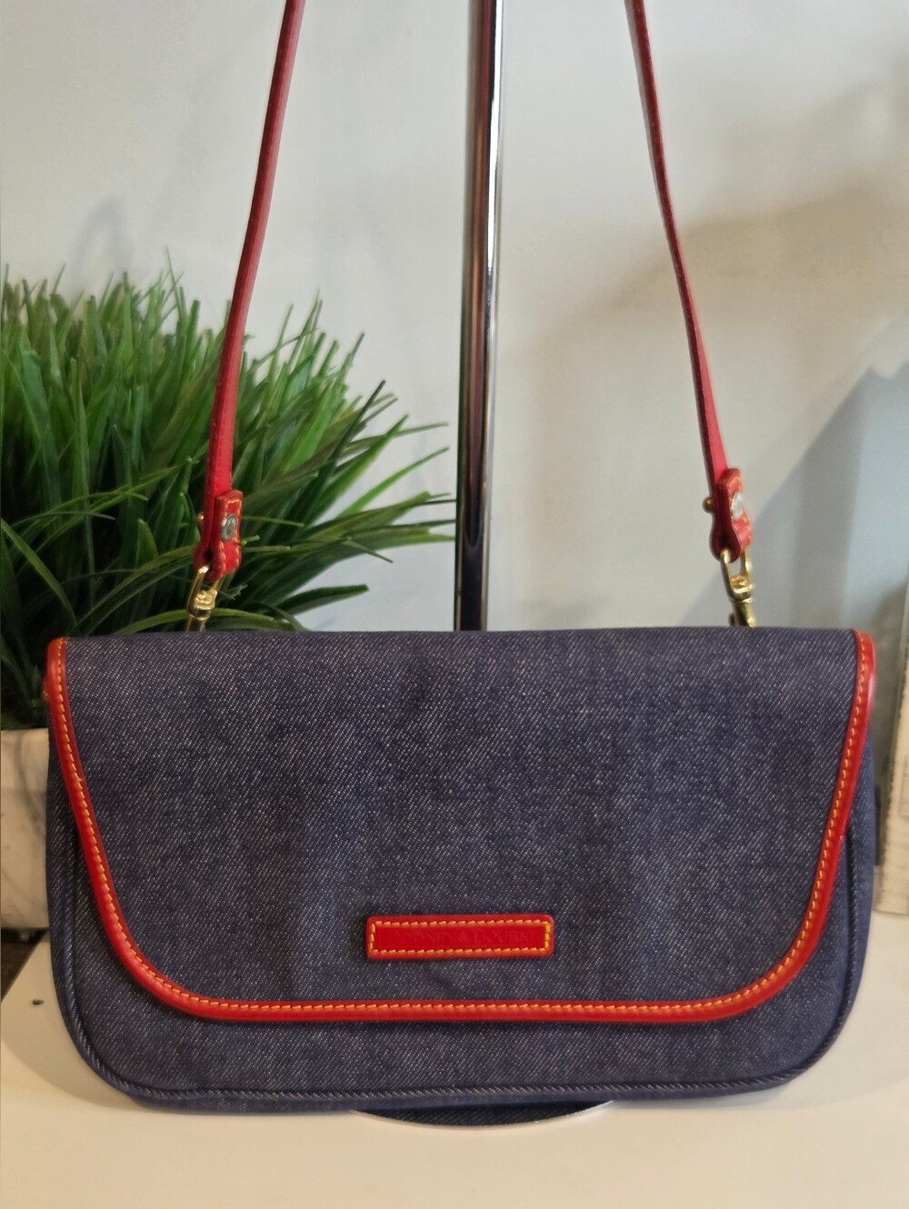 Dooney & Bourke Denim & Red Leather Crossbody Flap Bag - Vintage Made in USA